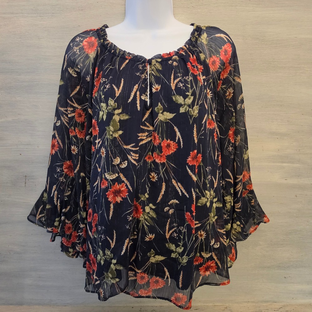 LC Lauren Conrad Navy Multicolor Floral Print 3/4 Sleeve Blouse Size 1X Like New